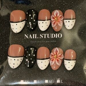 White, Pink and Black 3D Floral Handmade Press-On Nails